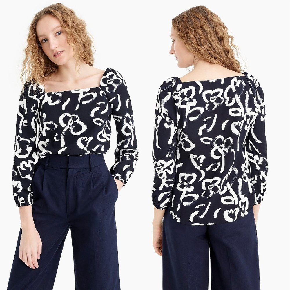 NWT J. Crew Square Neck Floral Blue Crepe Top Sz 2